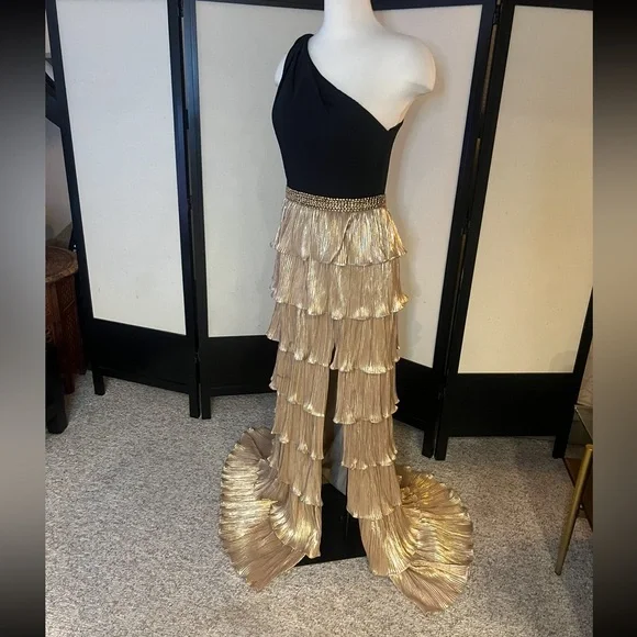 mac duggal gold tiered dress Mac Duggal 49775W - Tea Length Taffeta, A-Line Dress